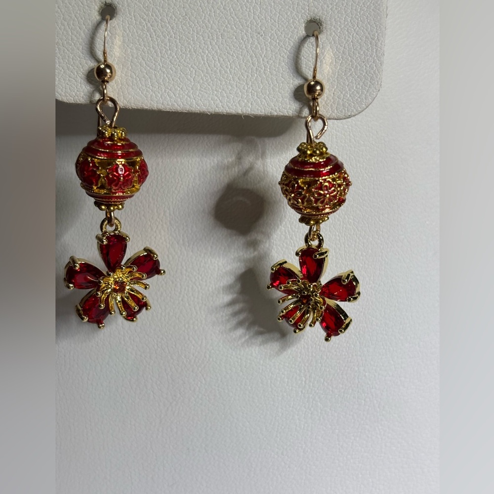 Red and Gold Cloisonné and Floral Earrings 2 inches - Picture 5 of 7